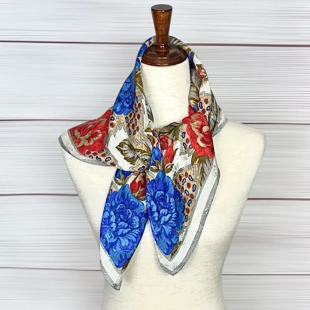 Albert Nipon for XIIX KARAT Silk Scarf Blue Magenta Tan Floral Roses Vintage